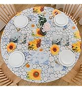 LIBERECOO Round Vinyl Fitted Tablecloth with Flannel Backing Elastic Edge Plastic Table Cover Wat...