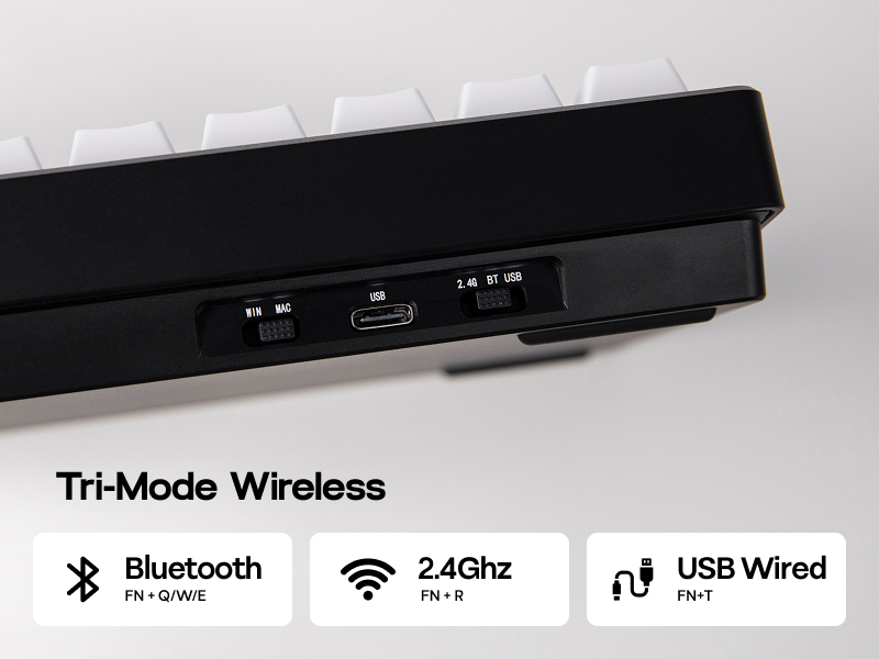 Keyboard with tri-mode wireless connectivity: Bluetooth, 2.4GHz wireless, and USB wired. Side view shows USB-C port and switch for connection modes.