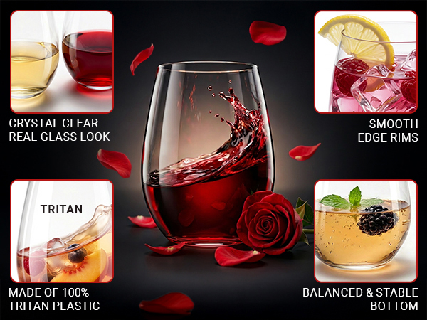 Crystal clear plastic wine glass with a wine splash featuring a stable base and smooth rims.