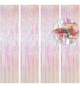 BTSD-home 4 Pack Iridescent Backdrop Transparent Clear Foil Fringe Curtain, Metallic Photo Booth ...