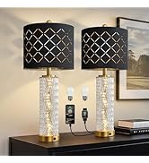 Oneach 27.75" Modern Table Lamps Set of 2, Gold Bedside Lamp with Crystal Nightlight, USB A+C, Bl...