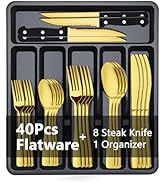 BEWOS 49-Piece Gold Silverware Set with Organizer - Stainless Steel Silverware Set for 8 with Dra...