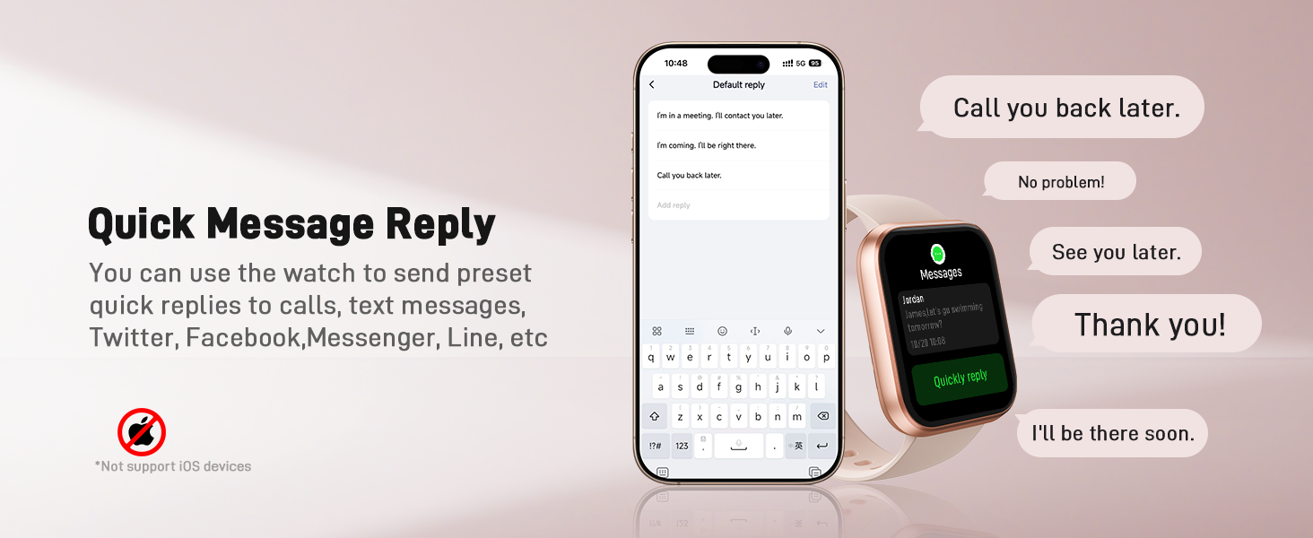 Smartwatch and smartphone displaying quick message reply feature. Watch shows green checkmark, phone shows keyboard and preset responses. Demonstrates seamless communication between devices.