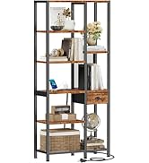 Furologee 6-Tier Bookshelf with Charging Station, Double Display Shelf with Drawer, Tall Freestan...