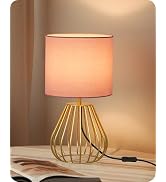 GOEBLESON Pink and Gold Table Lamp, Small Bedside Lamp with Metal Base & Pink Linen Lampshade, Mo...