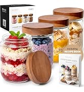 EDELHAUS Overnight Oats Containers with Lids Acacia (4 x 16oz) Glass Jars for Oatmeal, Meal Prep,...