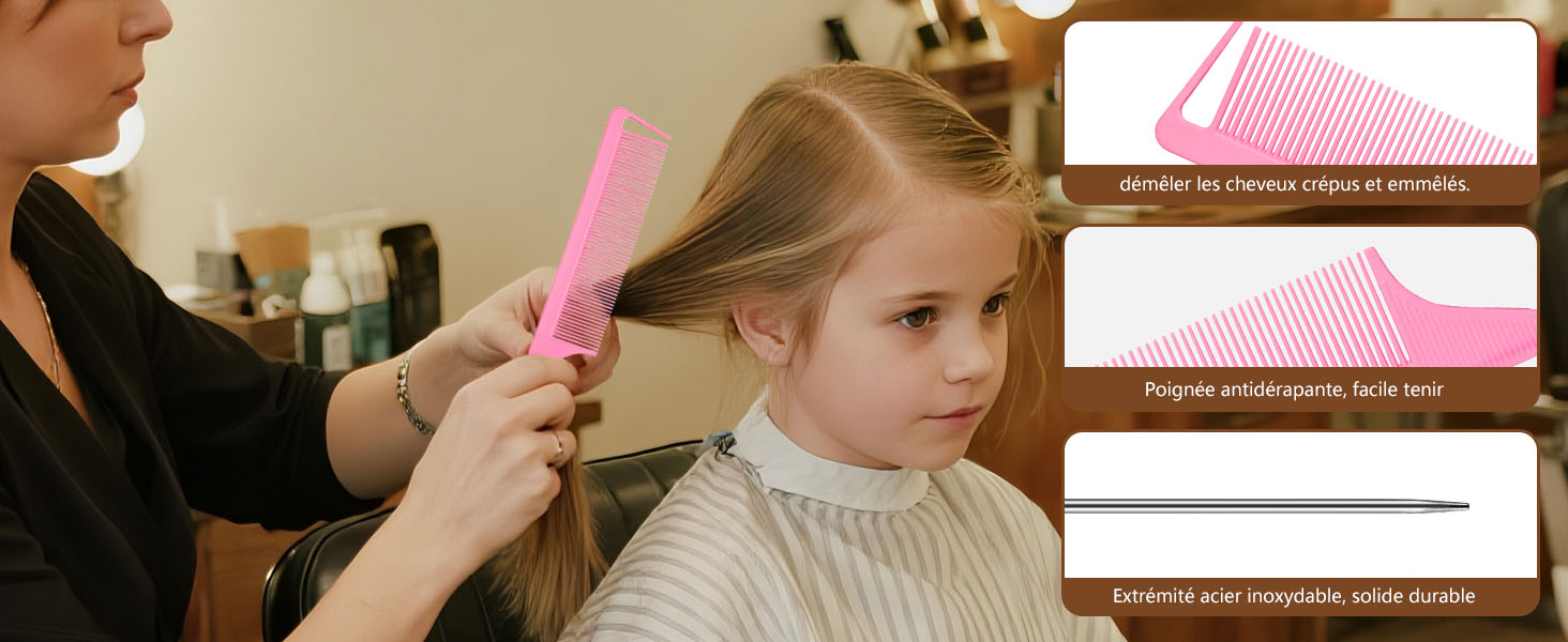 Pink hairbrush being used to style hair in a salon setting. Three informational panels shown at right side of image.