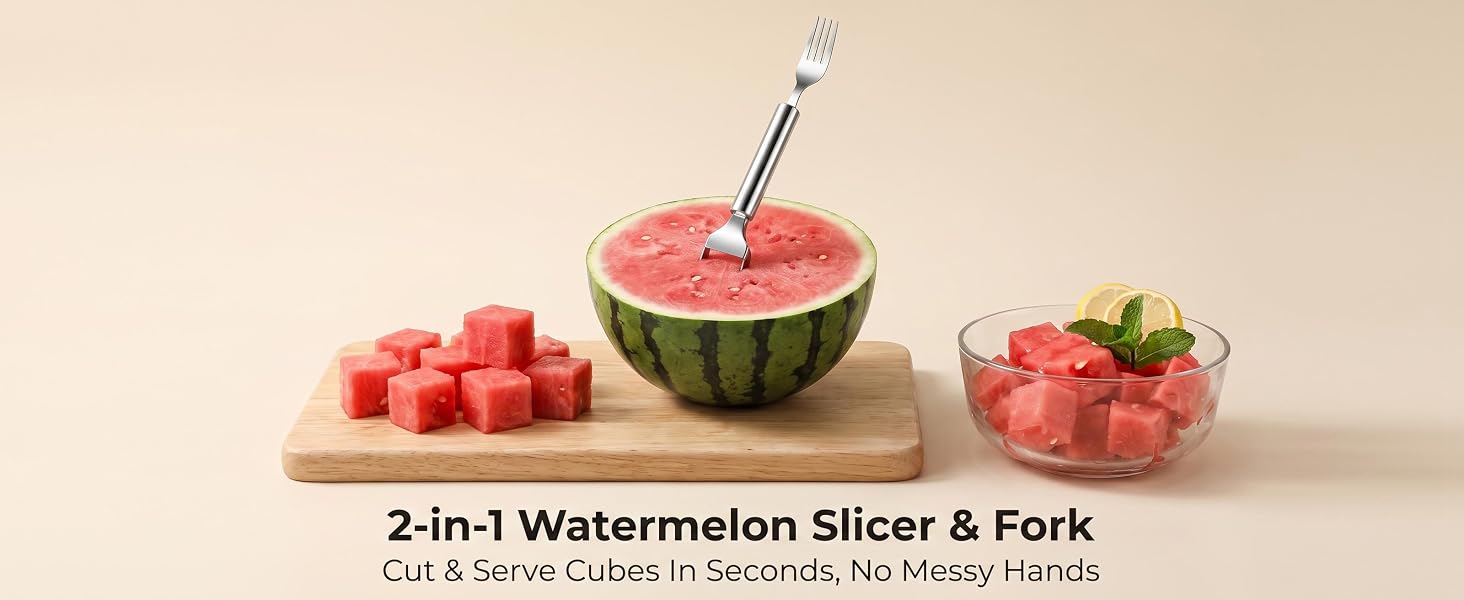 No more slippery knives! Cube & serve juicy watermelon mess-free. Rust-proof, dishwasher safe.