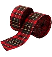 FUFUSING Tartan Wired Ribbon, 2 Roll Pack Checkered Christmas Ribbon Wide Linen for Christmas Tre...