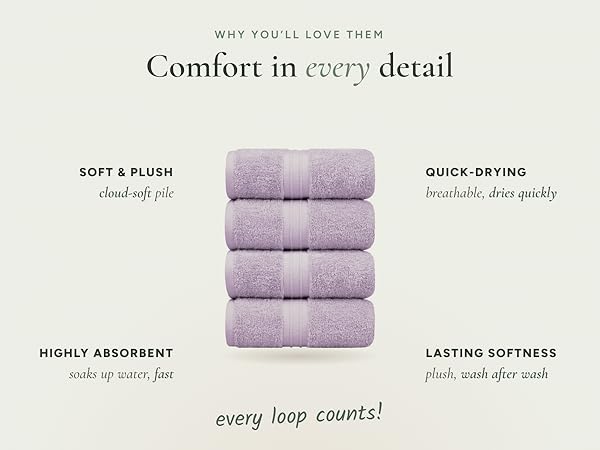 Lilac hand towels stack, cloud-soft plush absorbent towel, dries quickly, lasting softness