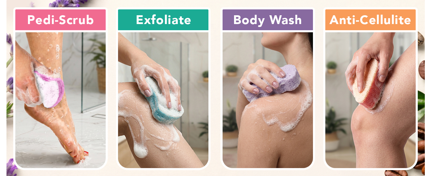 Featuring 4 different Lifestyle images (Pedi Scrub, Exfoliate, Body Wash, and Anti Cellulite Sponge)