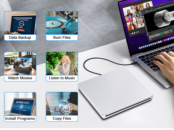 This USB CD/DVD external drive is made of high-quality materials, shockproof, low noise.