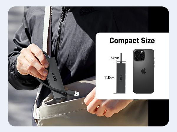Compact USB charger being inserted into a bag. Inset shows size comparison with iPhone, charger measures 10.5cm x 2.9cm. Device features sleek black design with USB port.