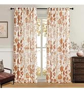 Terracotta Floral Linen Curtains 90 Inches Long for Living Dining Room 2 Panels Back Tab Rustic F...