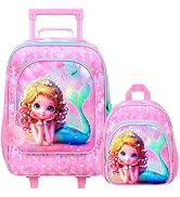 2Pcs Kids Suitcase for Girls, Carry on Rolling Luggage with Wheels, Mermaid Travel Suitcases Set ...