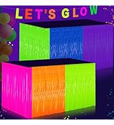 Glow in The Dark Tinsel Fringe Table Skirt - 2 Pack Neon Foil Party Decor, 31.5"x118" UV Reactive...