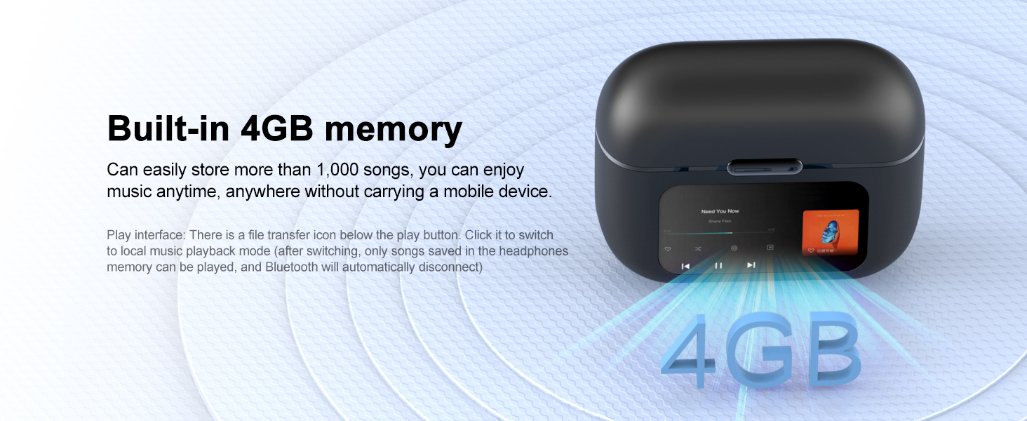 Black wireless earbuds case with 4GB built-in memory.