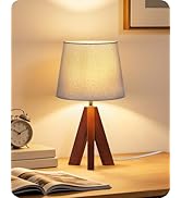 GOEBLESON Tripod Table Lamp, 14.6" Small Bedside Lamp with Gray Linen Shade & Dark Wood Base, Mod...