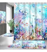 Nkzply 4 Pcs Blue Shower Curtain Set Ocean Seaworld Bathroom Sets with Rugs | Marine Life Shower ...