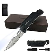 ALBATROSS 6-in-1 Modern Damascus Steel Folding Pocket Knives with LED Light,Seatbelt Cutter,Glass...