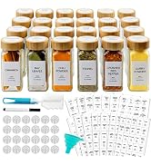 AISIPRIN 24 Pcs Glass Spice Jars with Bamboo Airtight Lids and 398 Labels, 4oz Empty Square Conta...