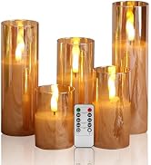 Eywamage 5 Pack Gold Glass Flameless Candles with Remote, Flickering Slim Tall LED Pillar Votive ...
