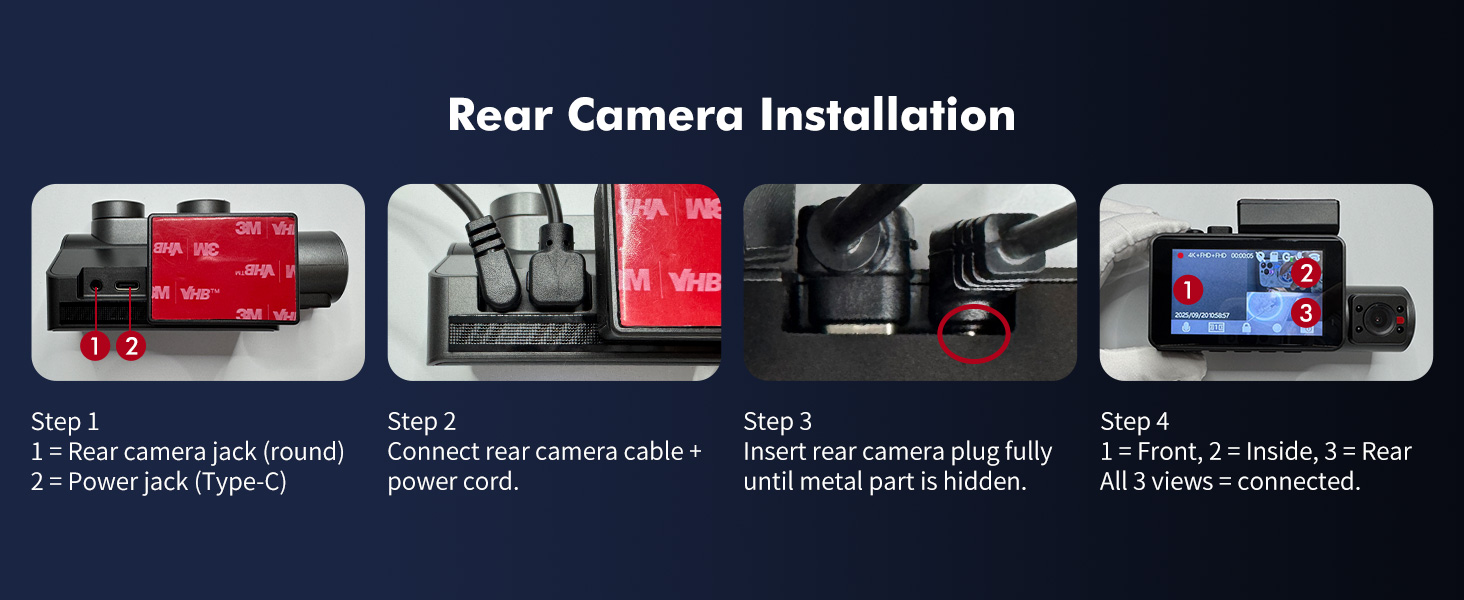 Text reads 'Rear Camera Installation.' Step-by-step installation guide showing multiple panels with camera mounting process for a vehicle backup camera system.