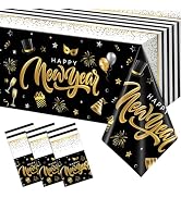 Hallswl 3 Pieces Happy New Year Tablecloths Black Gold Plastic Disposable Table Cloth Rectangle N...