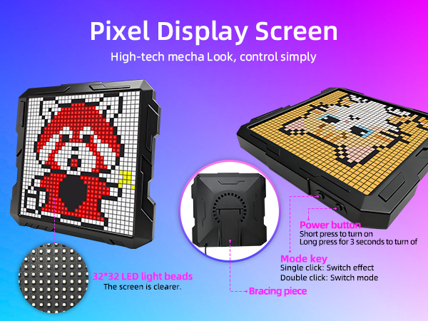 Text reads 'Pixel Display Screen', 'Full HD, 1920 x 1080', 'LED color display', 'With speaker, support for mp3, video, photo' showing pixel art design device with black cylindrical speaker and yellow base unit.