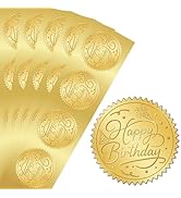 PRESSINART 100Pcs 2 Inch Happy Birthday Gold Foil Stickers Embossed Gold Foil Seal Round Self Adh...