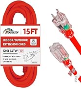 HONDERSON 15 FT 12/3 Lighted Outdoor Extension Cord - 12 Gauge 3 Prong SJTW Heavy Duty Neon Red E...
