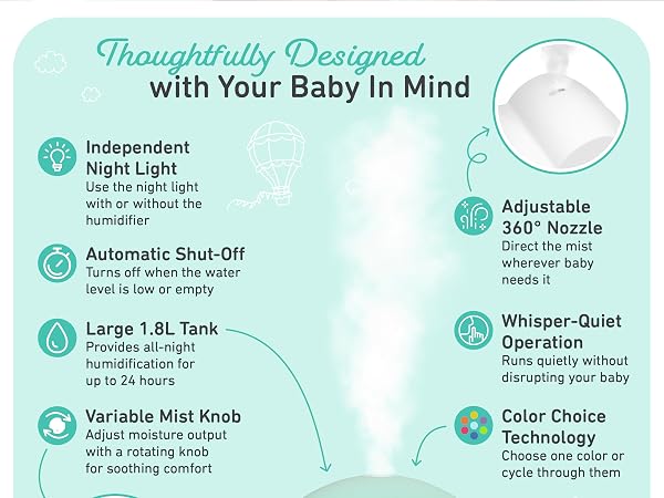 baby humidifier with independent nightlight auto shut off large water tank adjustable nozzle quiet