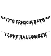 Black Glitter It's Frickin Bats I Love Halloween Banner - Hanging Paper Garland Bunting Banner Bl...