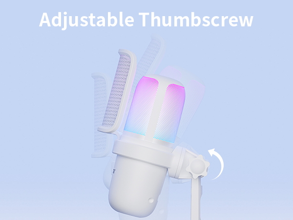 Text reads 'Adjustable Thumbscrew'. White and pink adjustable tool with thumb mechanism, shown with interchangeable components and accessories on light blue background.