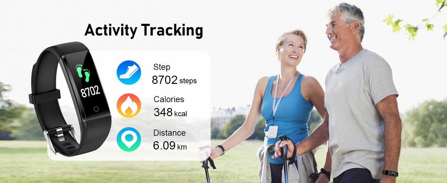 Fitness tracking interface showing step count of 8702, calories burned 348, and distance 6.09km, alongside a black smart band device.