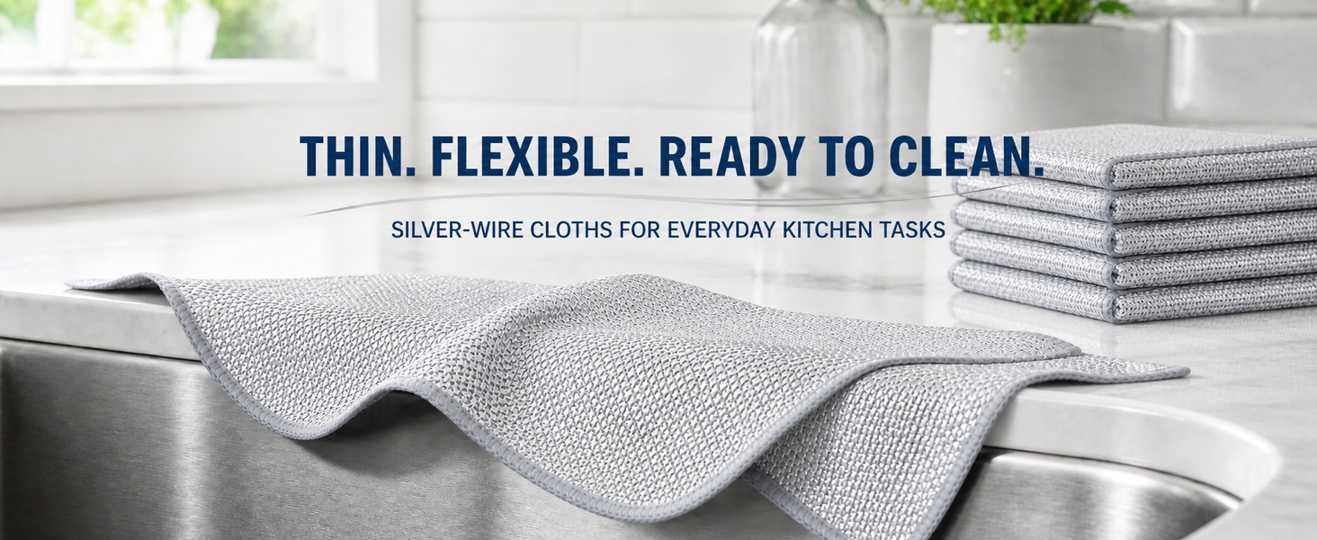 Thin, flexible silver-wire cleaning cloths designed for practical everyday kitchen tasks.