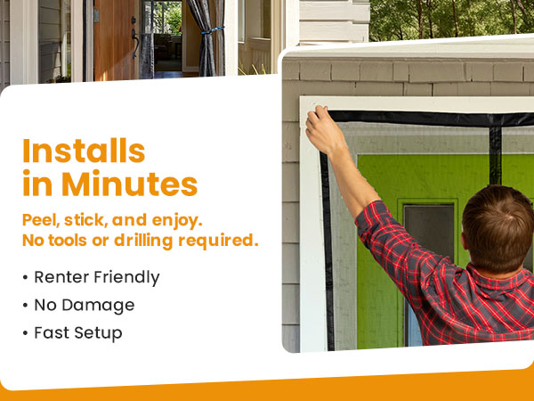 Gray screen door install for renters. Peel and stick, no tools or drilling. Installs in minutes.