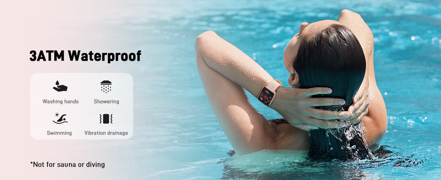 Waterproof electronic device worn on wrist in swimming pool. Features 3ATM water resistance for walking, showering, and swimming. Not suitable for scuba or diving.