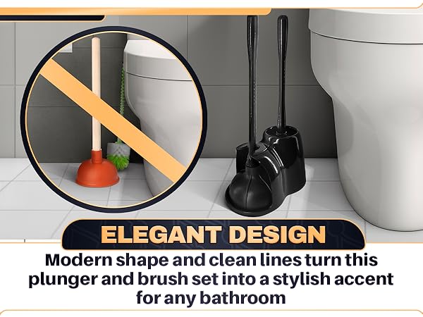 Black aesthetic toilet brush and plunger stands slim beside the base of a clean white toilet