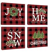 OTOSTAR 4 Pieces Christmas Wall Art Canvas Prints - Red Buffalo Check Plaid Picture Painting - Mo...
