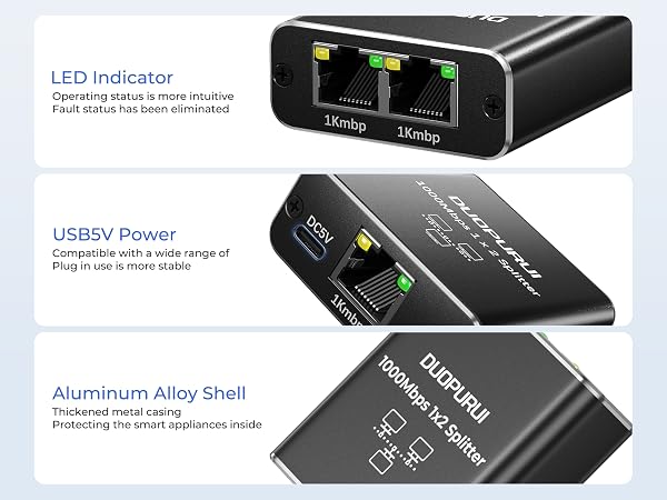 dual ethernet splitter Aluminum alloy shell, LED Indicator, USB5V Power