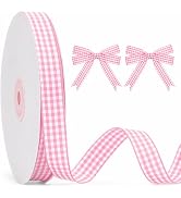 KINGLAKE Pink Gingham Ribbon - 5/8" x 50Yards Pink and White Ribbon for Gift Wrapping Polyester P...