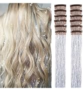 Hair Tinsel Pack of 12 Pcs Clip in Hair Tinsel Kit, 20 Inch Glitter Silver Tinsel Hair Extensions...