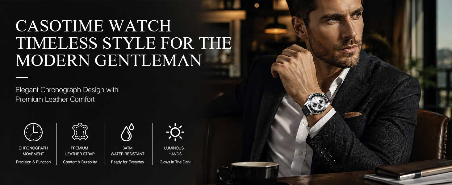 Casotime Watches for Men Leather Band Chronograph Silver and Black
