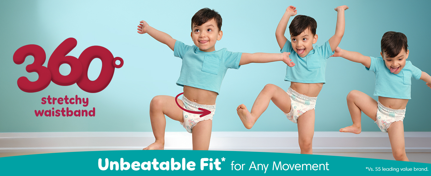 360 degree stretchy waistband. Unbeatable fit* for any movement *Vs. S5 leading value brand.