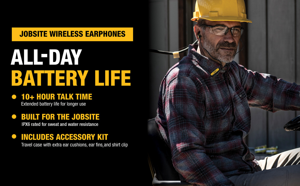 all-day battery life, 10+ hour talk time, accessory kit, built for jobsite