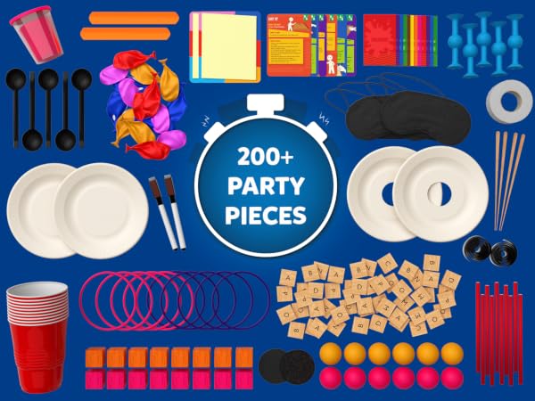 Assortment of party supplies including cups, plates, utensils, and decorations on a blue background. Text indicates '200+ PARTY PIECES'.