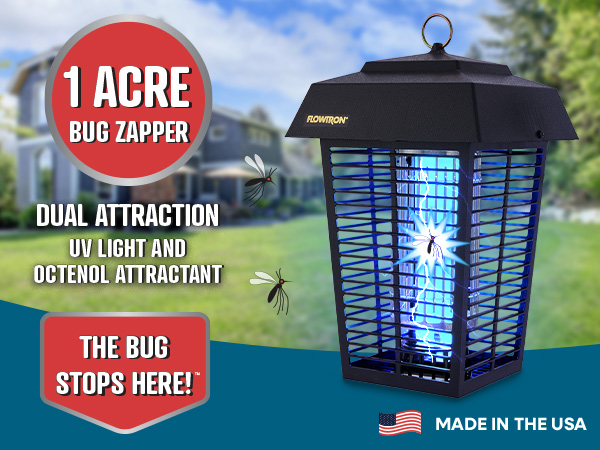 Bug zapper with bright blue light in front of big house and backyard with bugs flying around