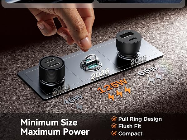 fast car charger fetures pull ring, flush fit, and compact design. Mini size and maximum power!