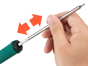 Demonstration of screwdriver with retractable or adjustable feature, shown with orange directional arrows indicating movement.